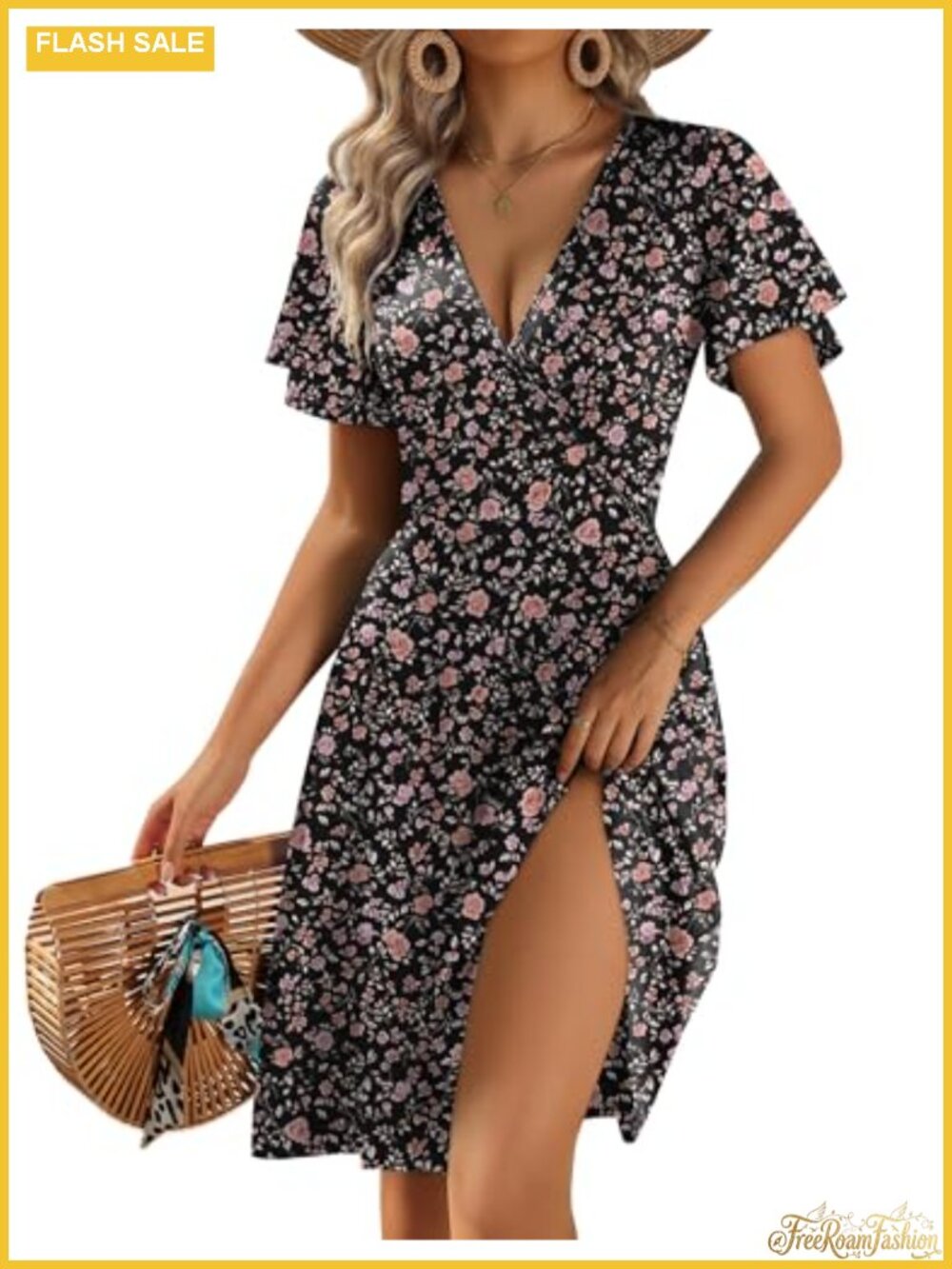Zeagoo Floral Wrap V Neck A-Line Dress with Pockets